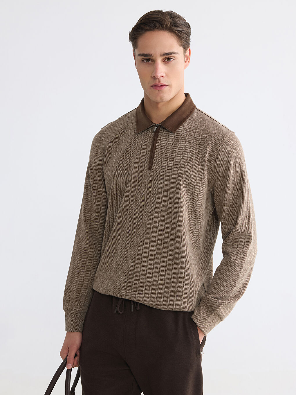 Kahverengi Polo Yaka Desenli Erkek Sweatshirt