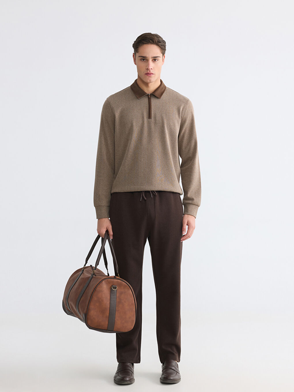 Kahverengi Polo Yaka Desenli Erkek Sweatshirt-1