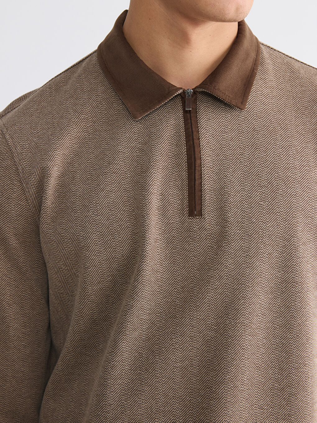 Kahverengi Polo Yaka Desenli Erkek Sweatshirt-2