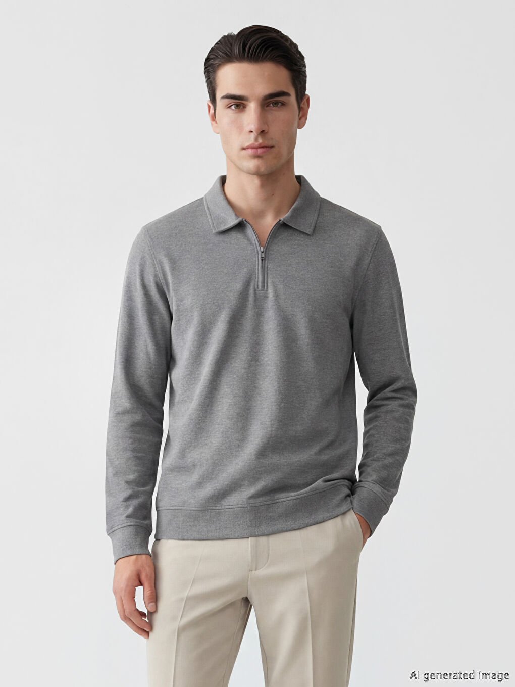 Gri Polo Yaka Erkek Sweatshirt