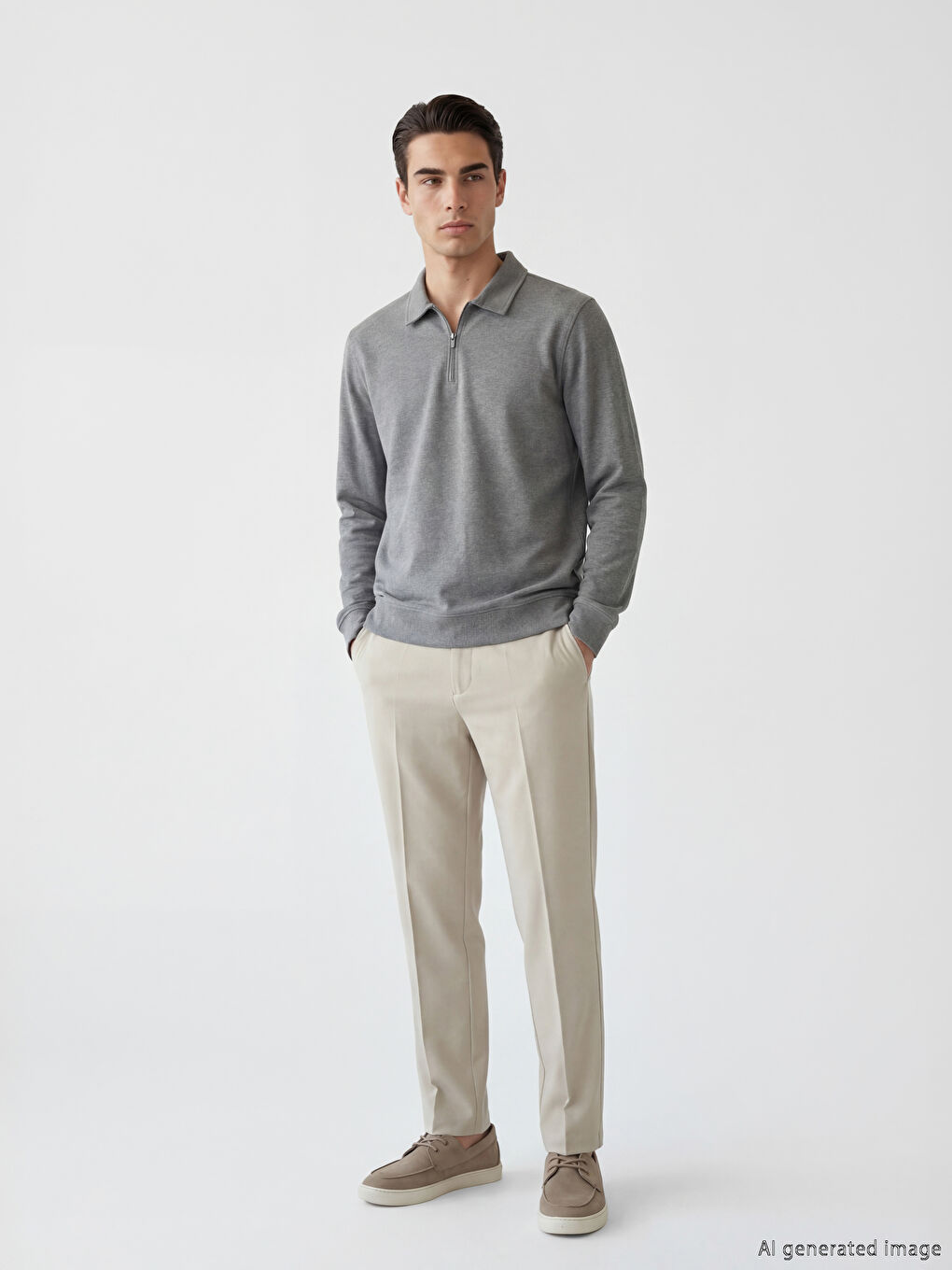 Gri Polo Yaka Erkek Sweatshirt-1