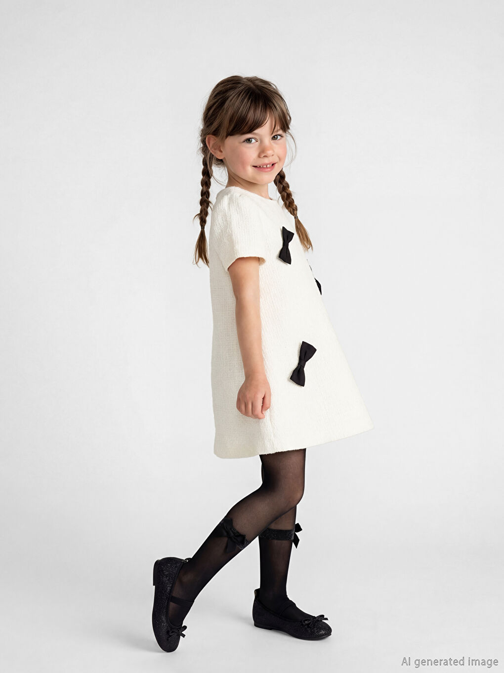 Ekru Bisiklet Yaka Fiyonklu Kız Çocuk Tüvit Elbise-1