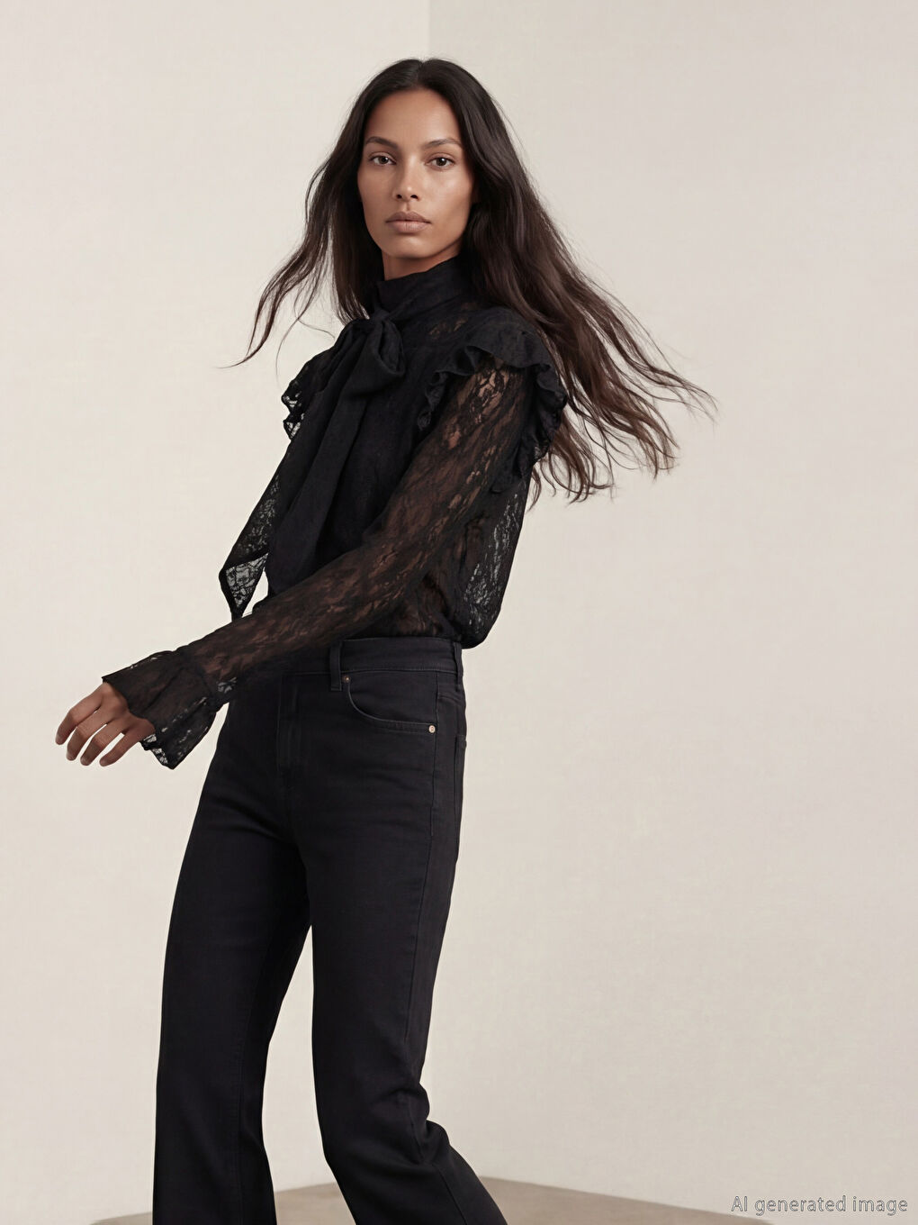 Siyah Fular Yaka Dantelli Bluz	