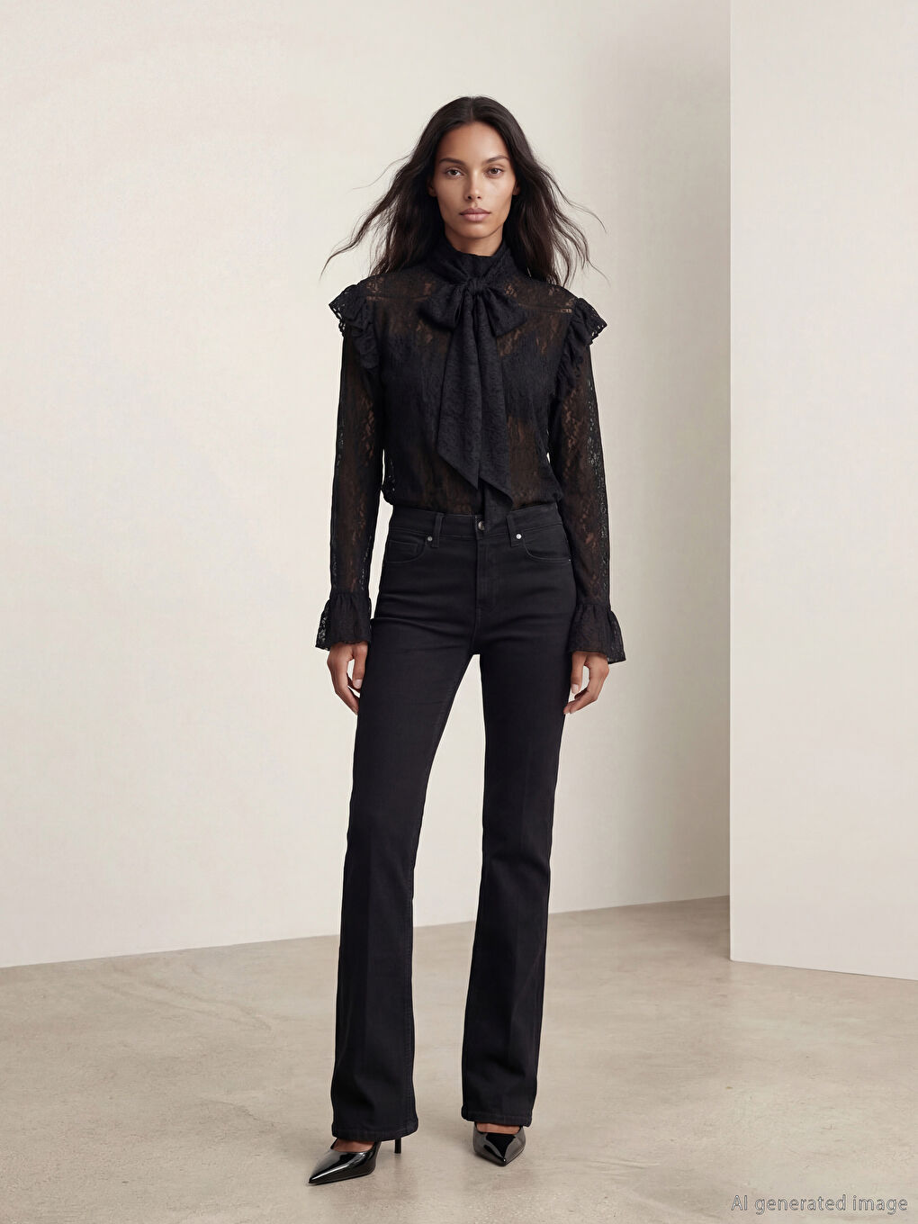 Siyah Fular Yaka Dantelli Bluz	-1