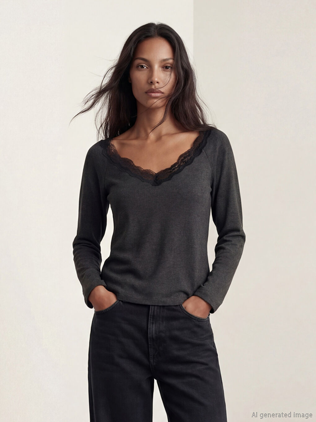 Antrasit V Yaka Dantel Detaylı Bluz