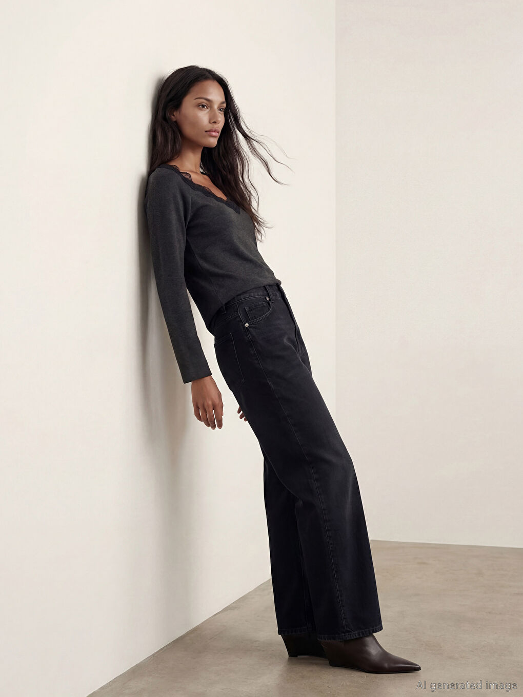 Antrasit V Yaka Dantel Detaylı Bluz-1