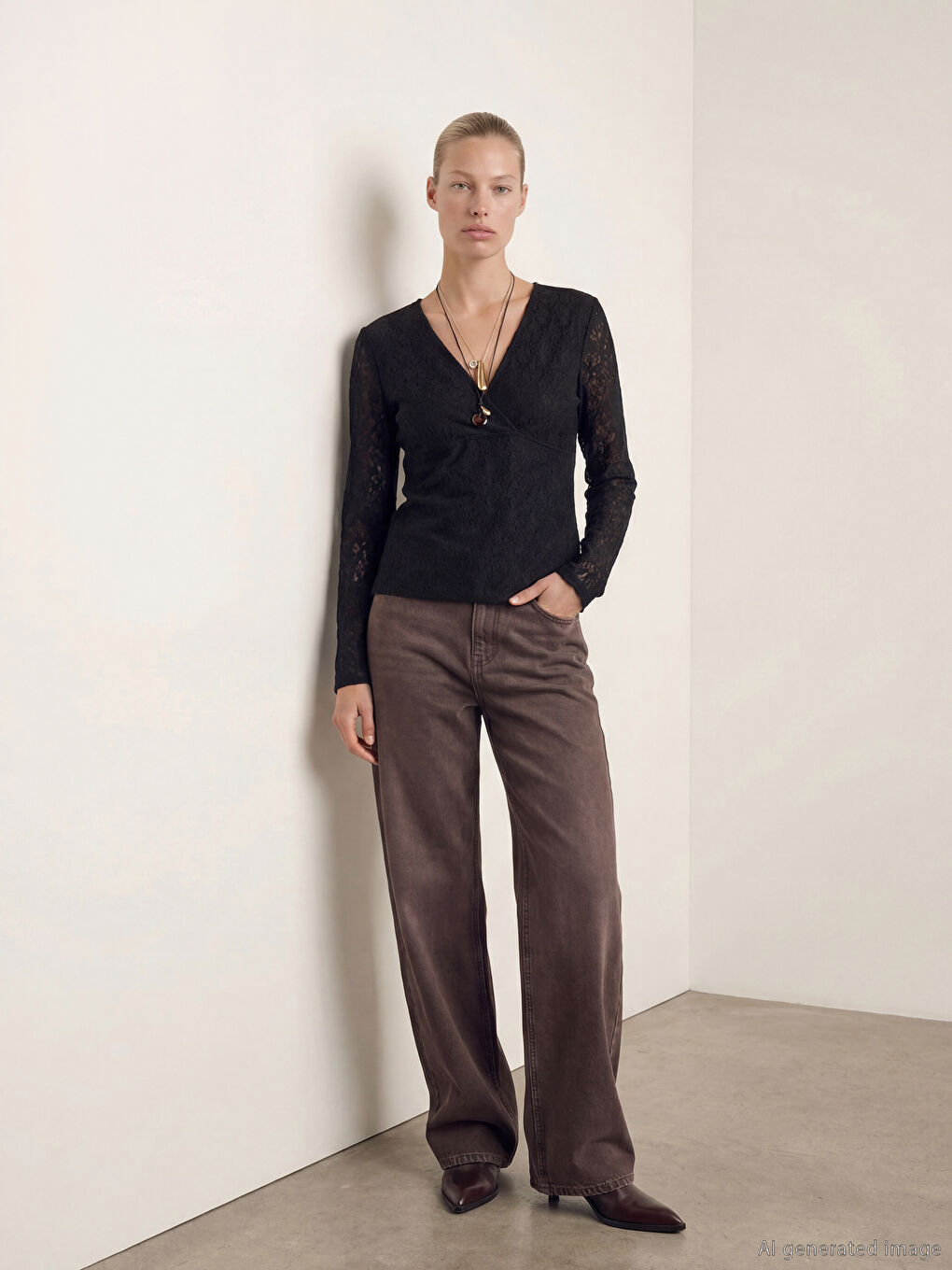 Siyah Kruvaze Yaka Dantelli Bluz-1