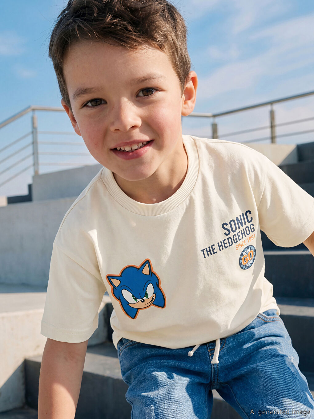 Crew Neck Sonic Printed Boys' T-Shirt