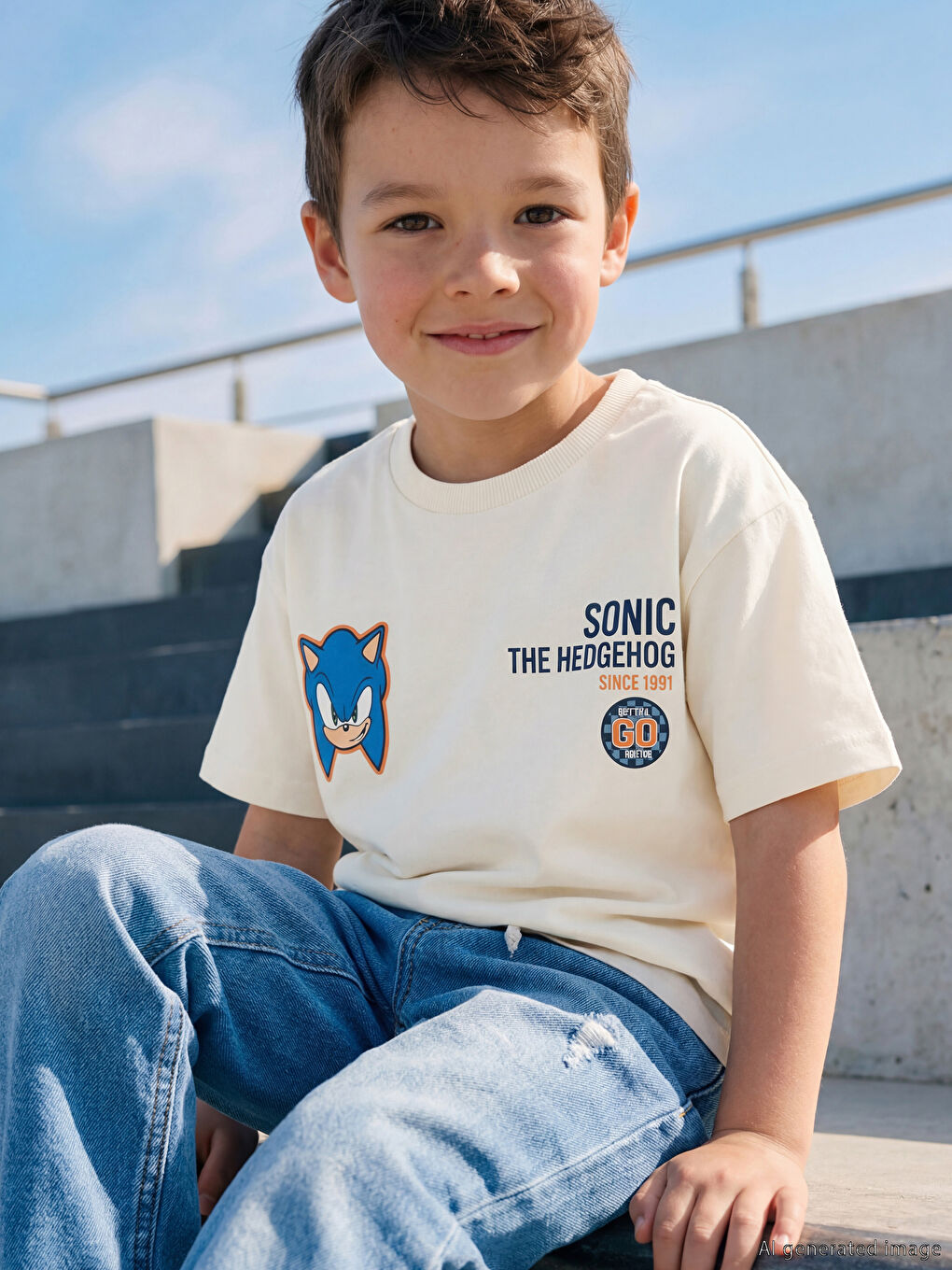 Bej Bisiklet Yaka Sonic Baskılı Erkek Çocuk Tişört	-1