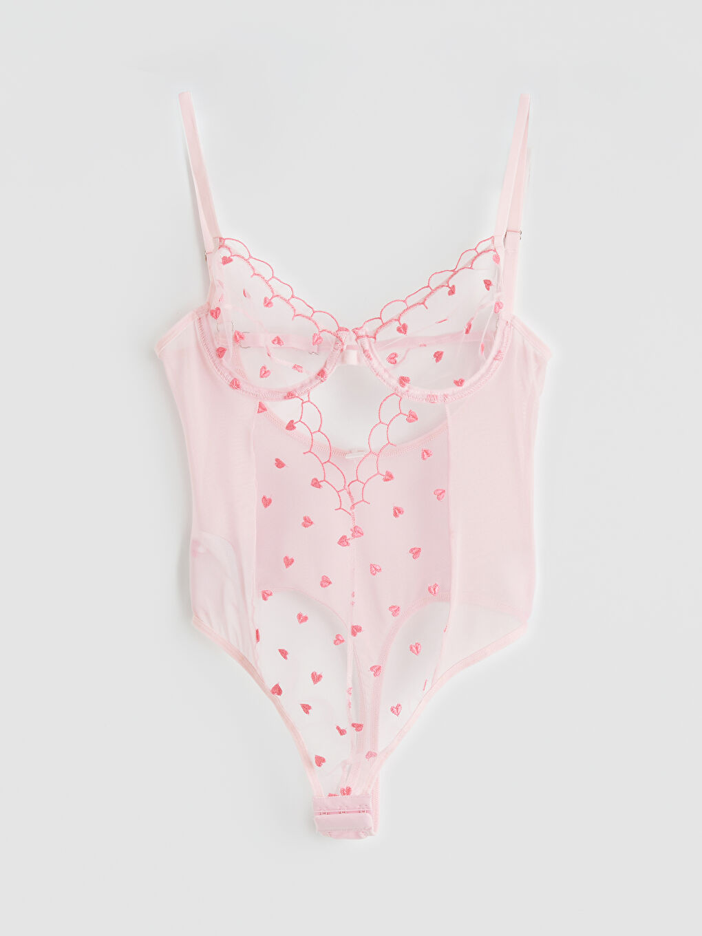 Pembe Balenli Dolgusuz Kalp Nakışlı Brode Bodysuit