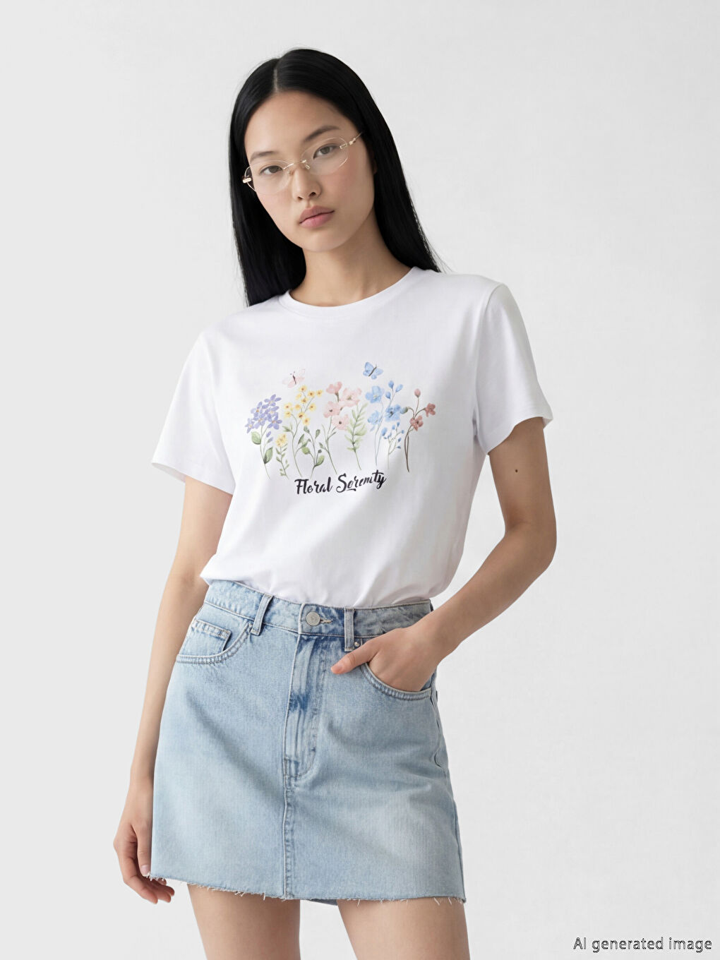 Beyaz Bisiklet Yaka Çiçek Baskılı Kadın Tişört