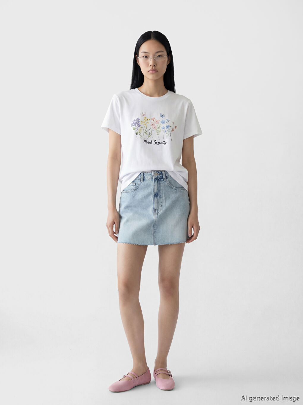 Beyaz Bisiklet Yaka Çiçek Baskılı Kadın Tişört-1