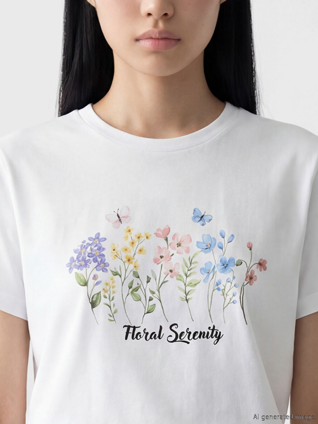 Beyaz Bisiklet Yaka Çiçek Baskılı Kadın Tişört-2