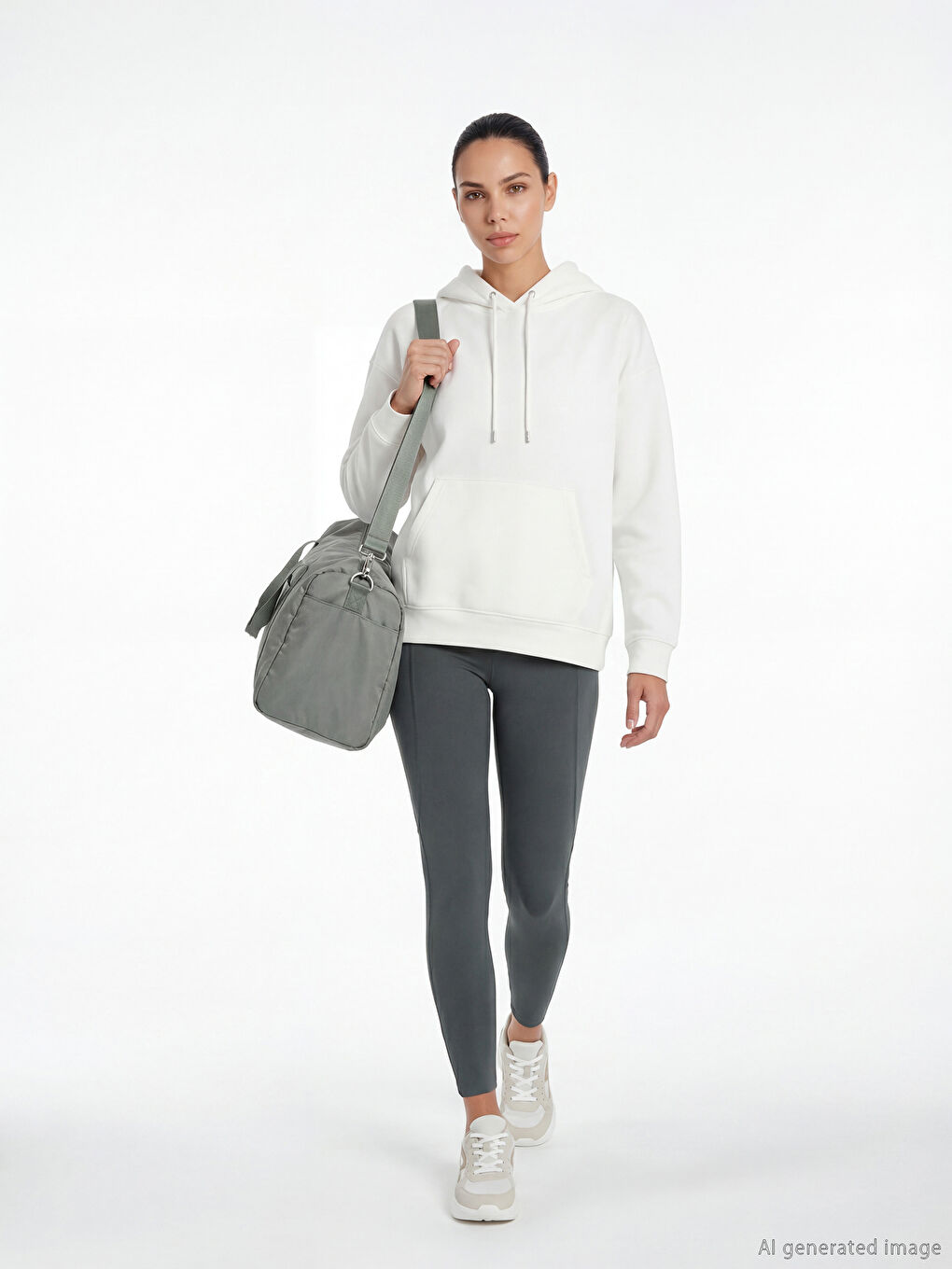 Beyaz Kanguru Cepli Oversize Kadın Hoodie	-1