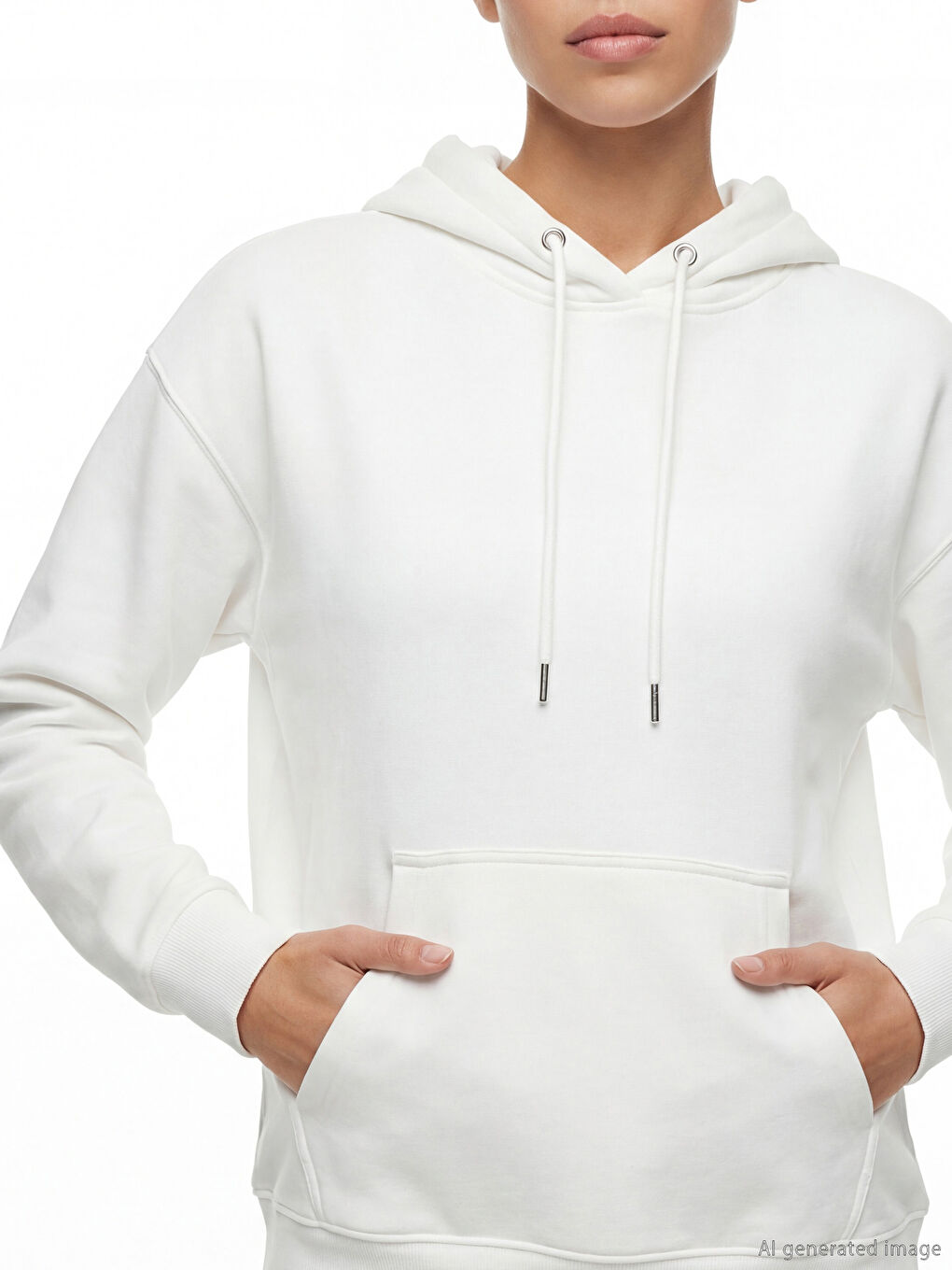 Beyaz Kanguru Cepli Oversize Kadın Hoodie	-2
