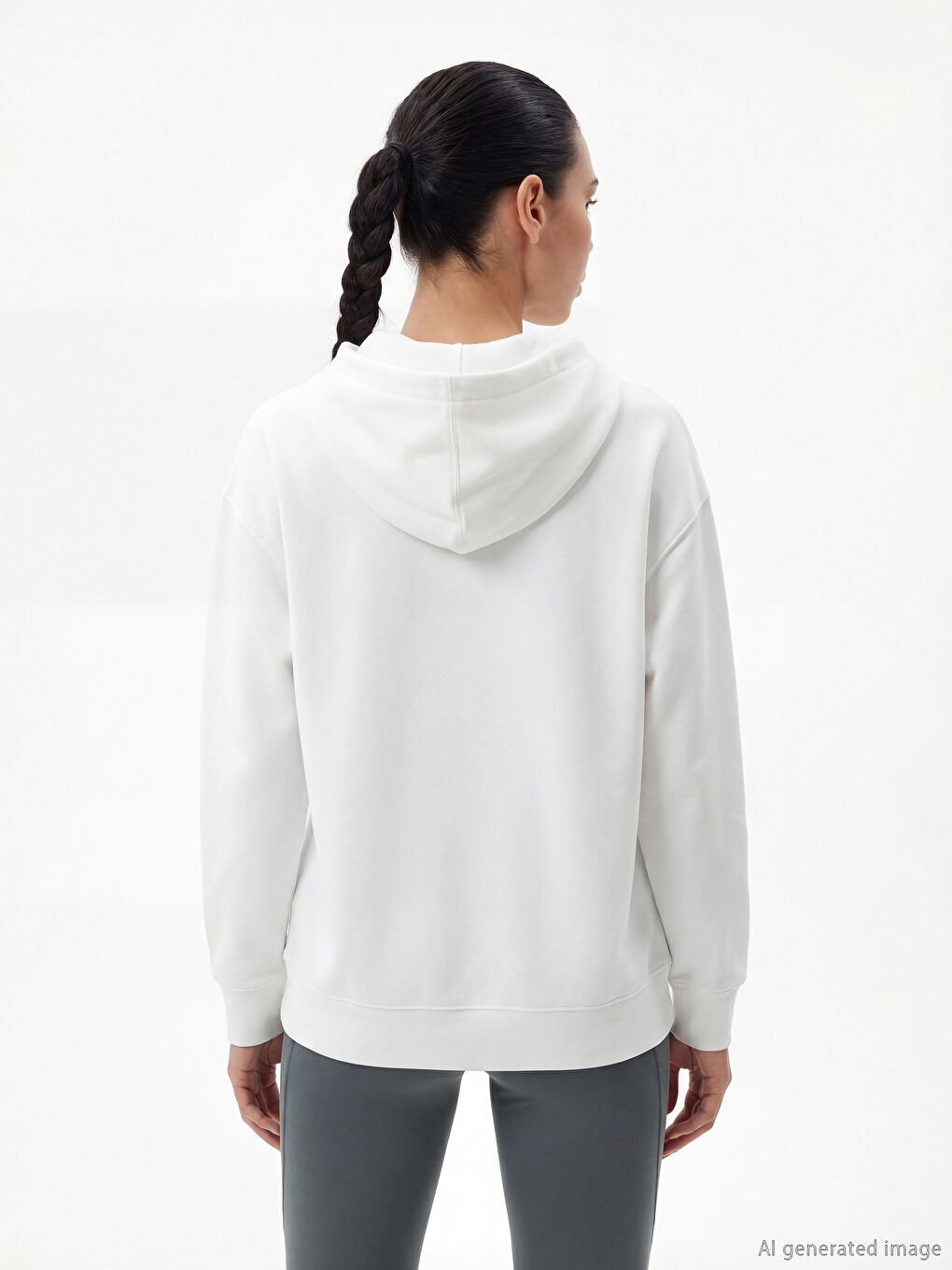 Beyaz Kanguru Cepli Oversize Kadın Hoodie	-3
