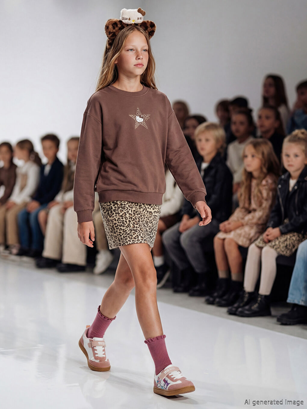 Kahverengi Bisiklet Yaka Hello Kitty Baskılı Kız Çocuk Sweatshirt