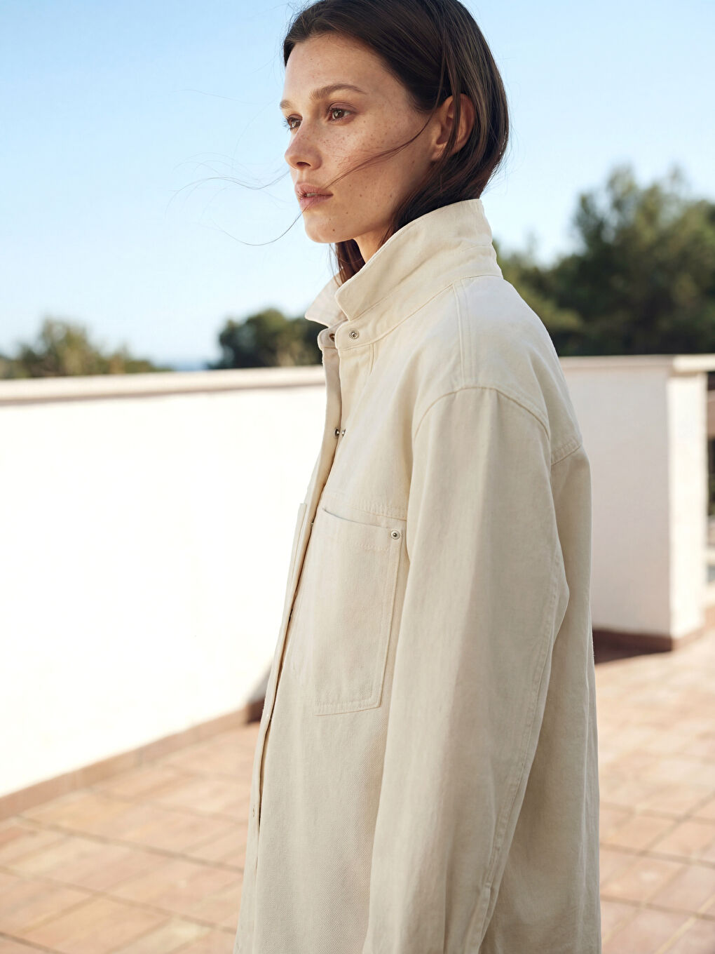 Ekru Gömlek Yaka Kadın Jean Ceket-1