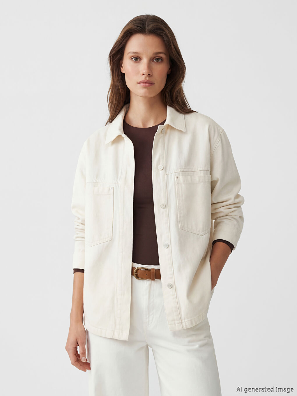 Ekru Gömlek Yaka Kadın Jean Ceket-2