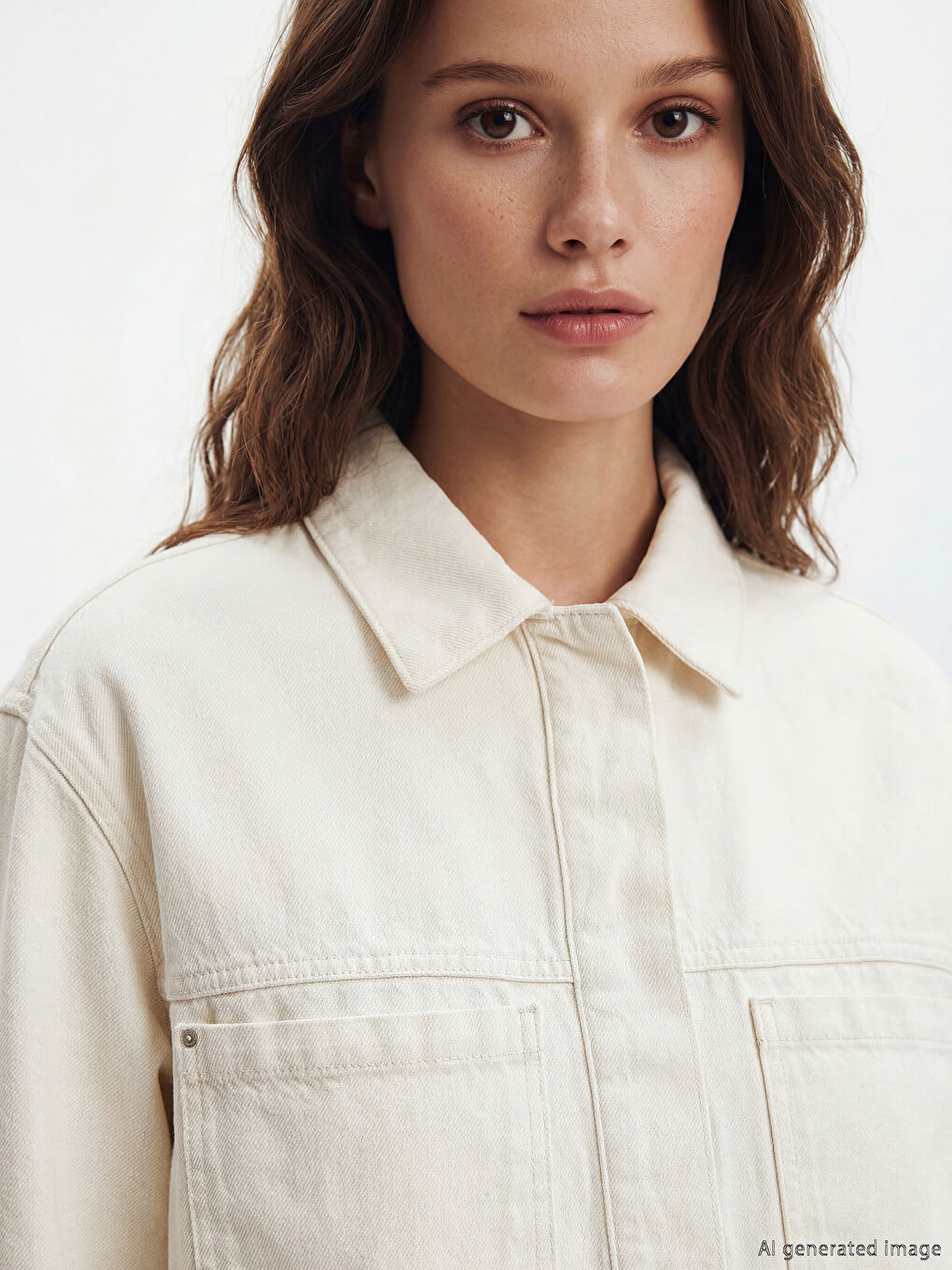 Ekru Gömlek Yaka Kadın Jean Ceket-4