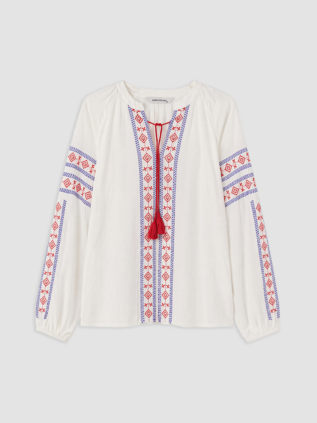 Tie Neck Tasseled Embroidered Blouse-3