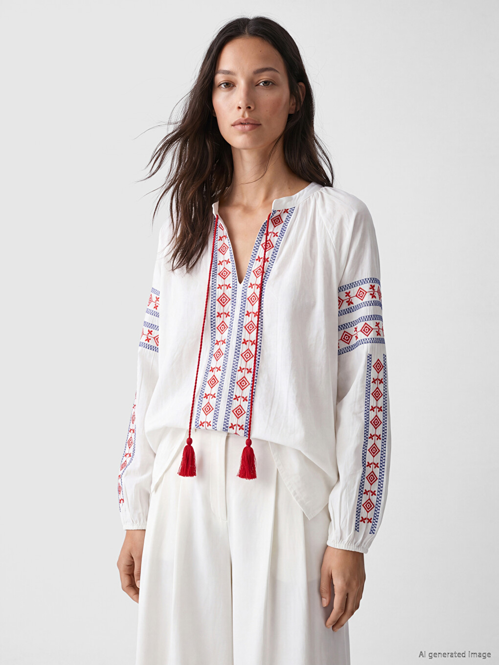 Tie Neck Tasseled Embroidered Blouse
