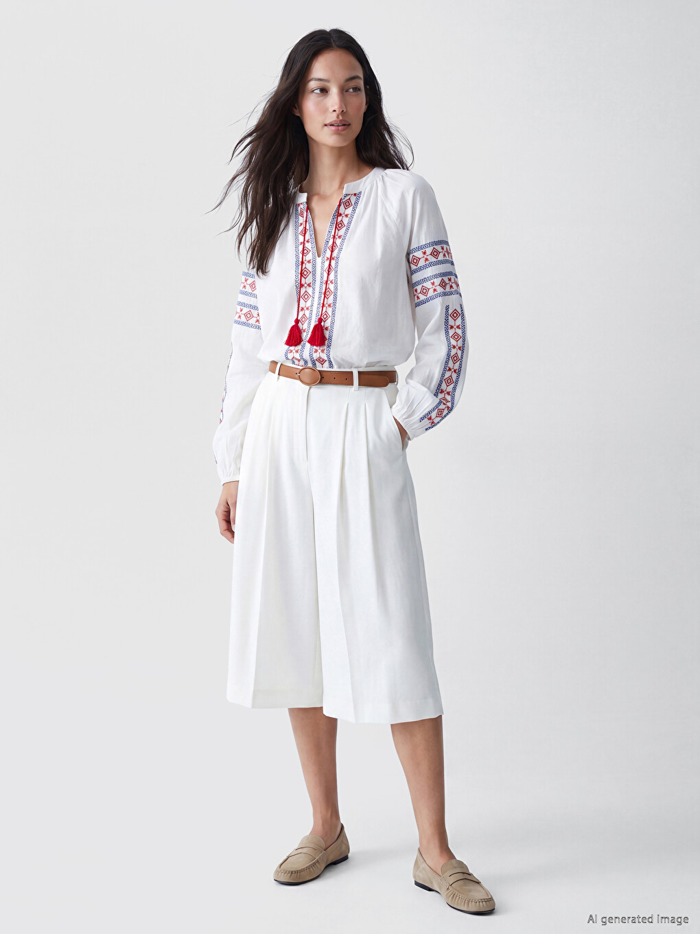 Tie Neck Tasseled Embroidered Blouse-1