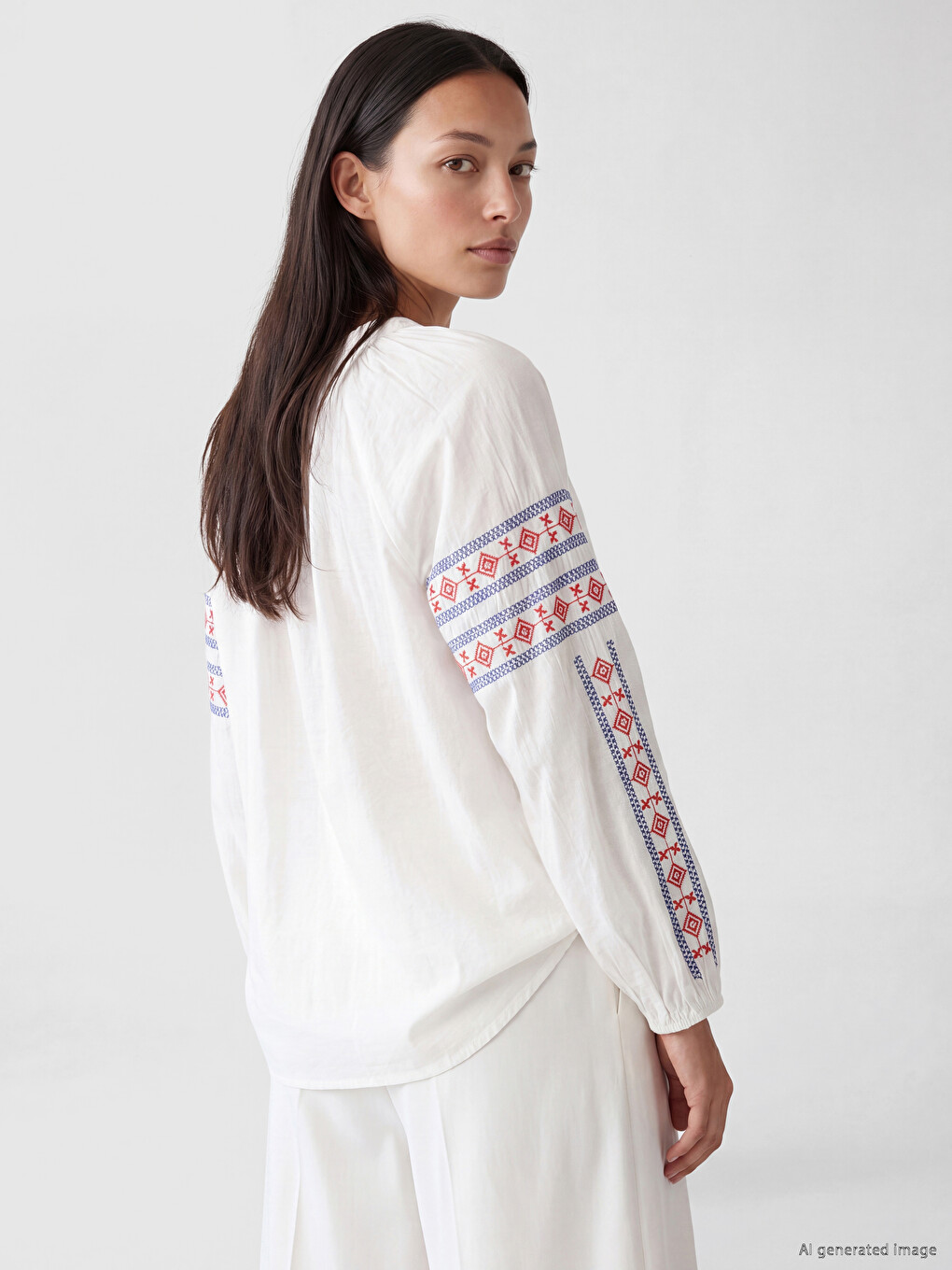 Tie Neck Tasseled Embroidered Blouse-2