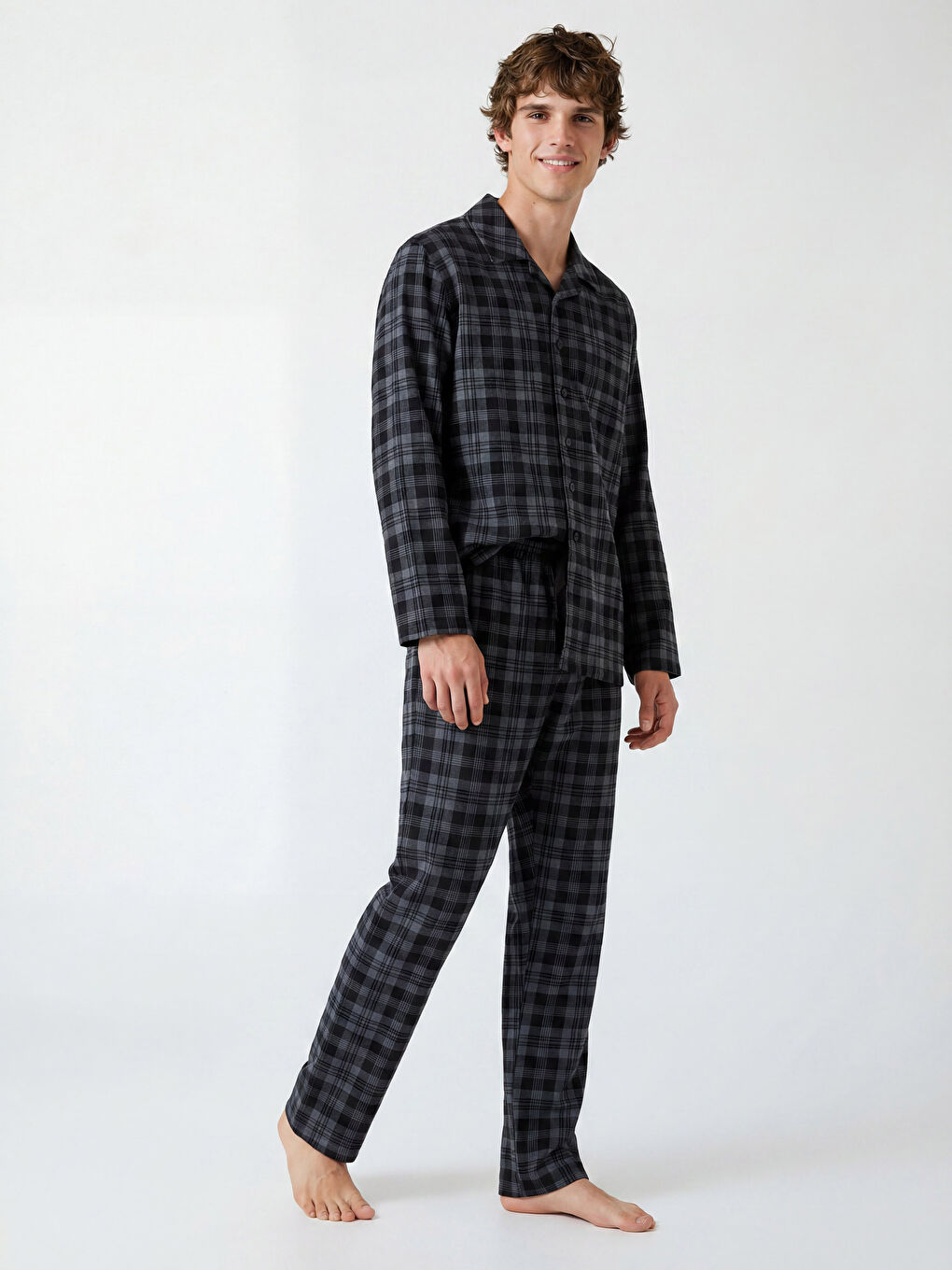 Siyah Standart Kalıp Ekose Erkek Pijama Takımı-1