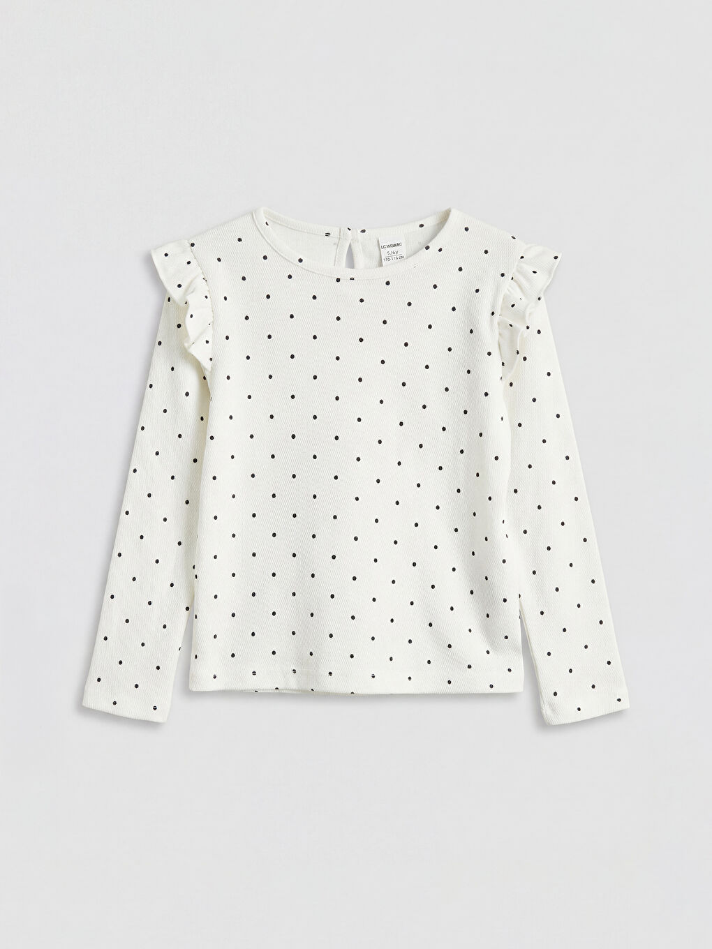 Ekru Bisiklet Yaka Puantiyeli Kız Çocuk Fırfırlı Tişört