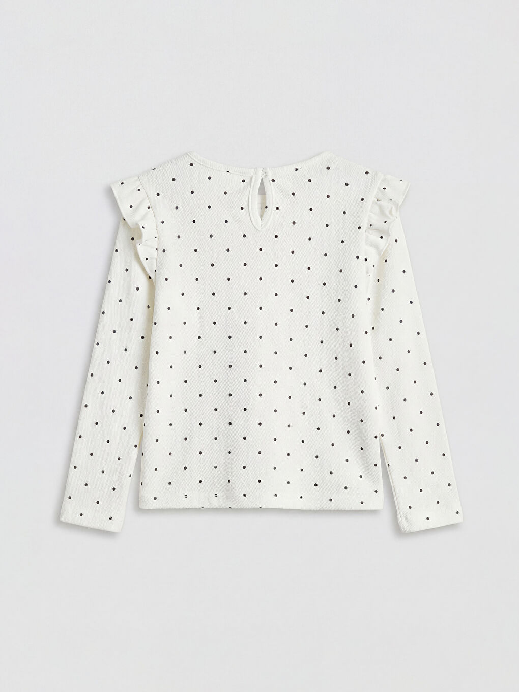 Ekru Bisiklet Yaka Puantiyeli Kız Çocuk Fırfırlı Tişört-1