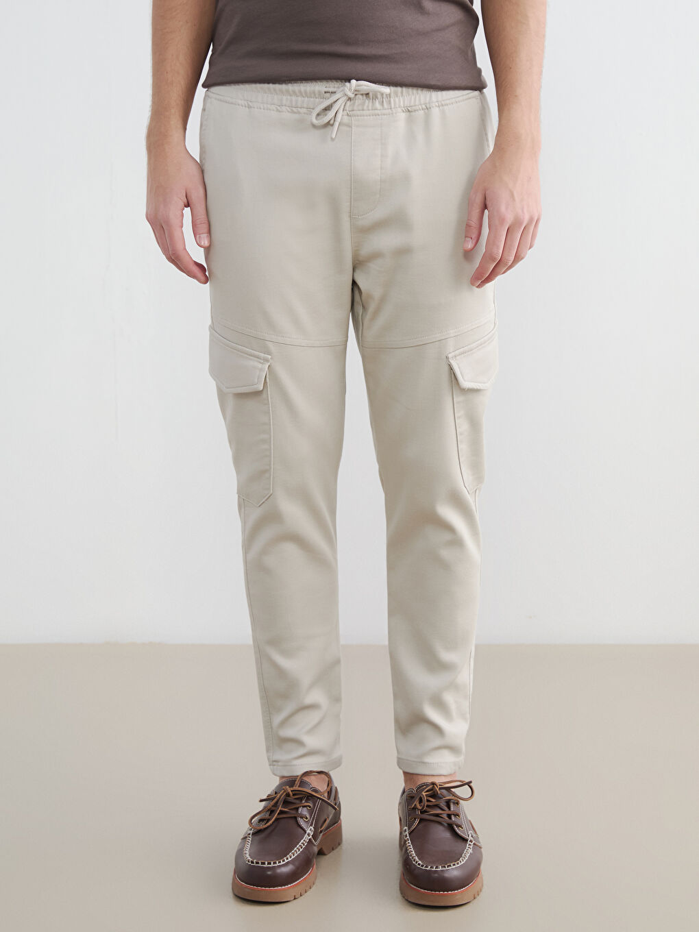 Bej Slim Fit Erkek Kargo Pantolon-1