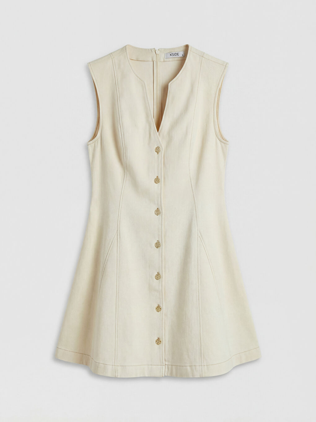 Bej Kaçık Yaka Belden Oturtma Mini Jean Elbise