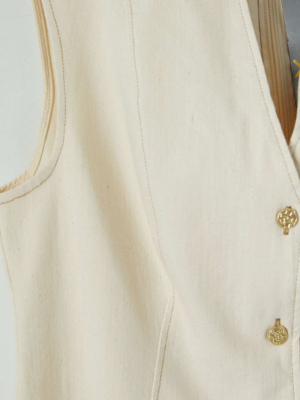 Bej Kaçık Yaka Belden Oturtma Mini Jean Elbise-2