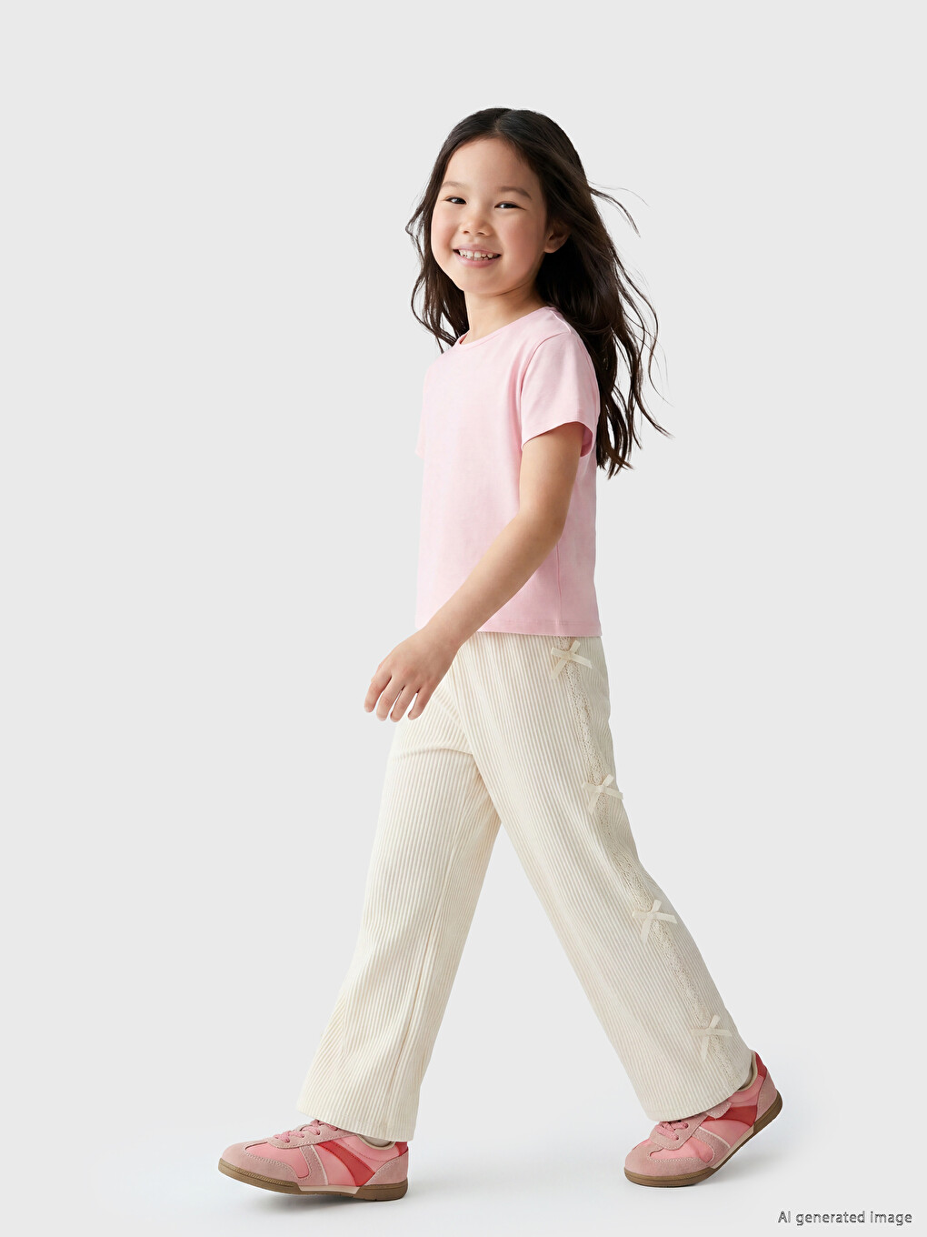 LCW Kids Ekru Dantel Ve Fiyonk Detaylı Kız Çocuk Müslin Pantolon