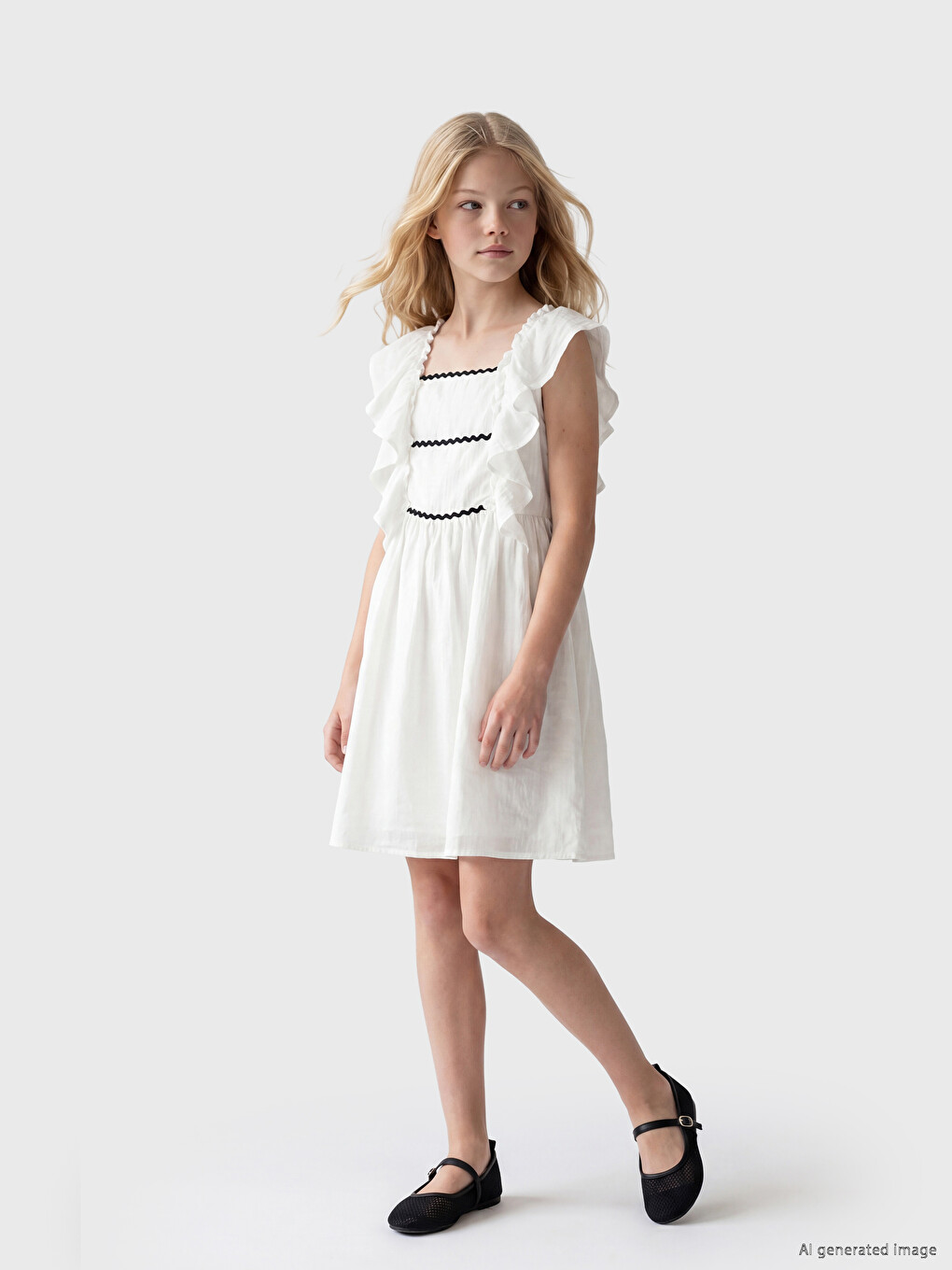 Square Neck Ruffled Girls' Dress-1
