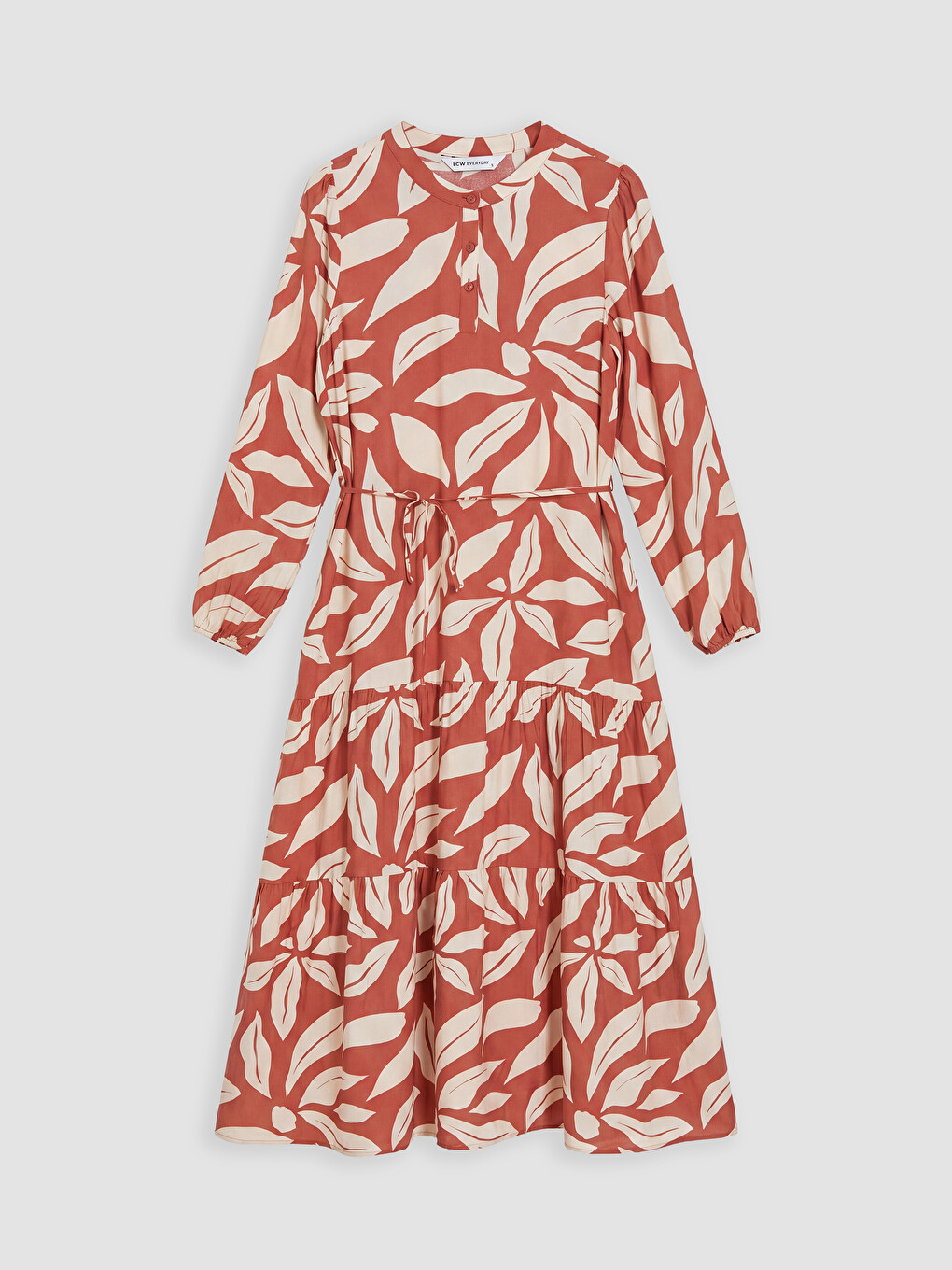Grandad Collar Patterned Sash Waisted Dress-4