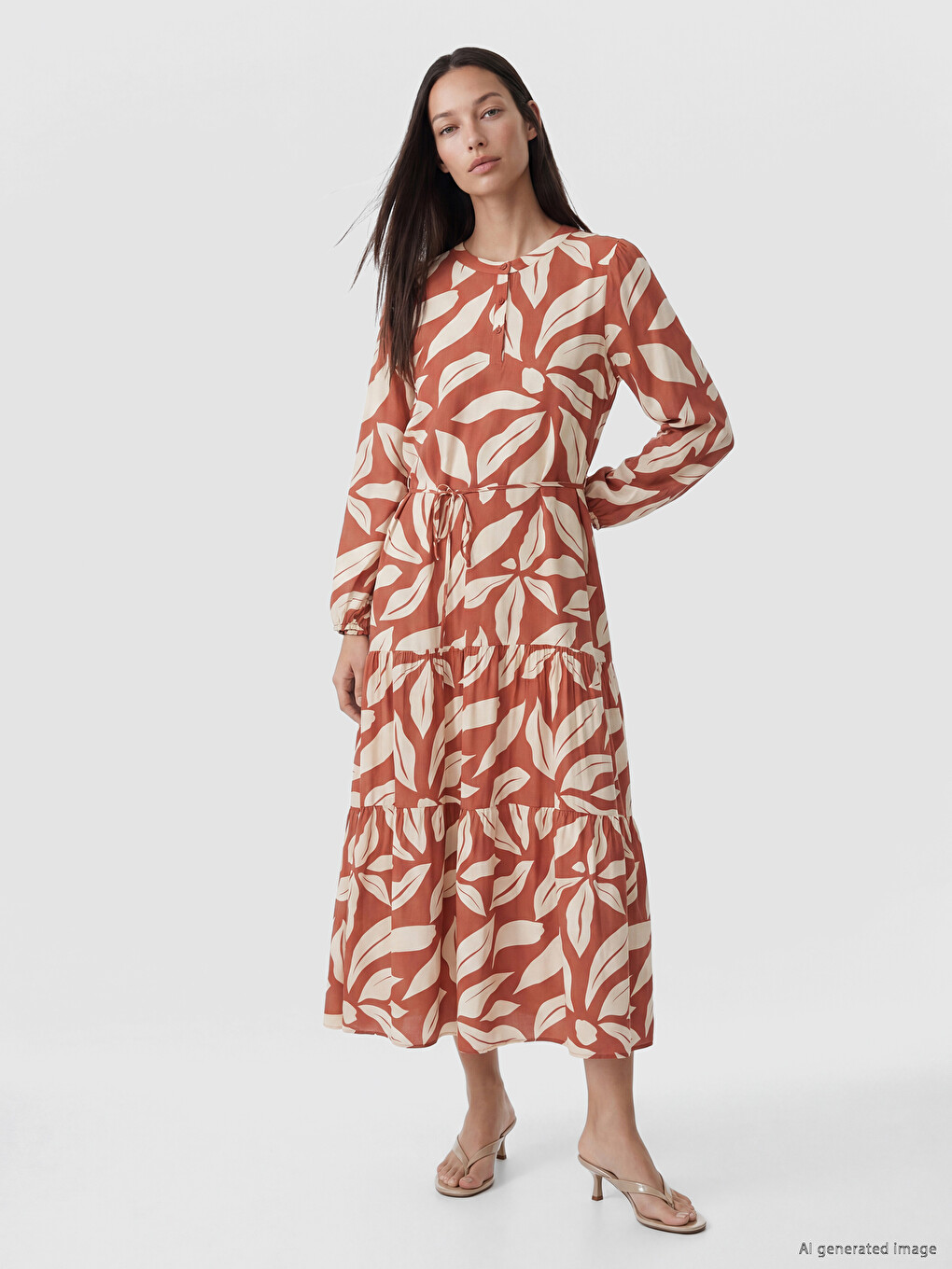 Grandad Collar Patterned Sash Waisted Dress