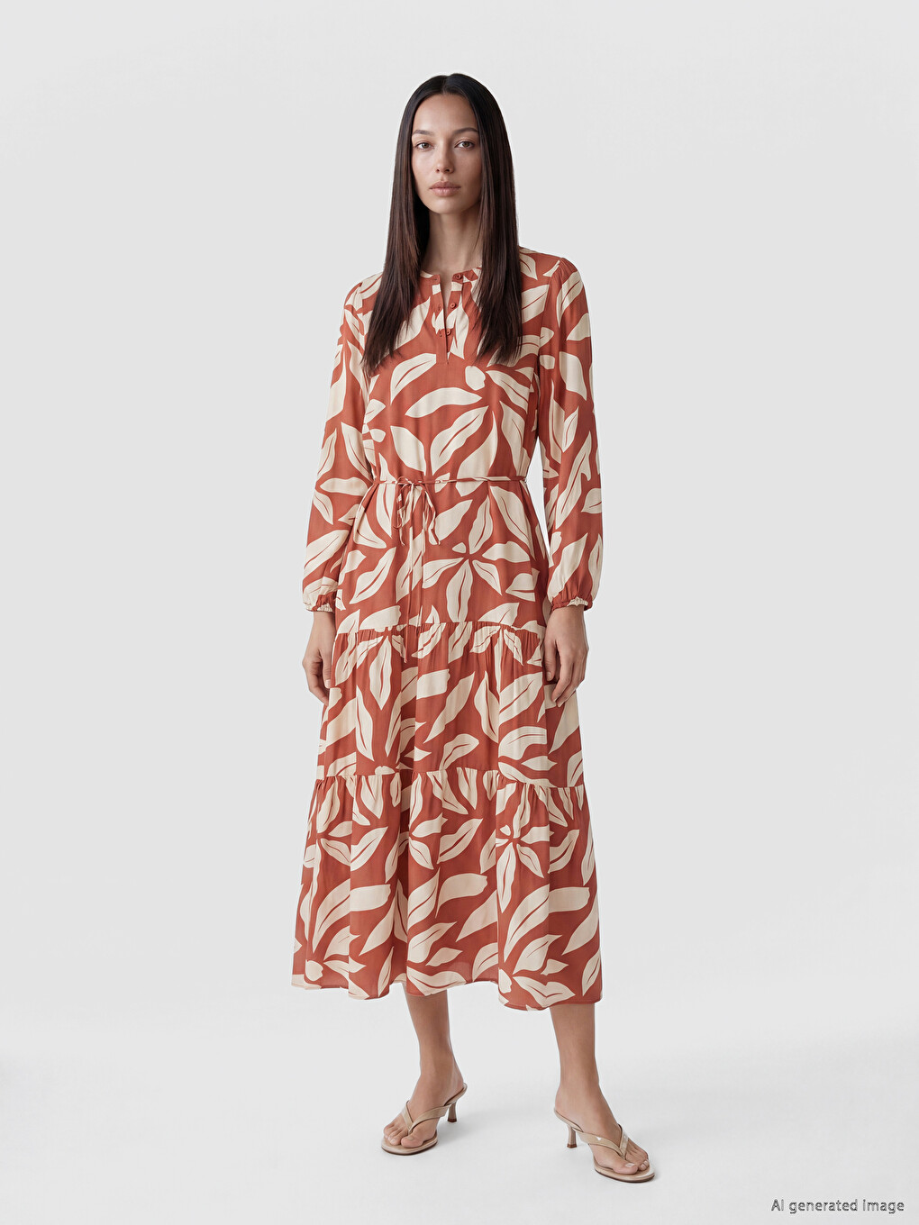 Grandad Collar Patterned Sash Waisted Dress-1