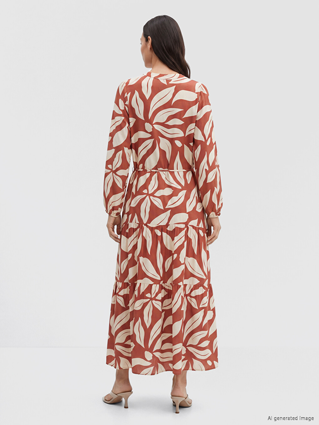 Grandad Collar Patterned Sash Waisted Dress-3