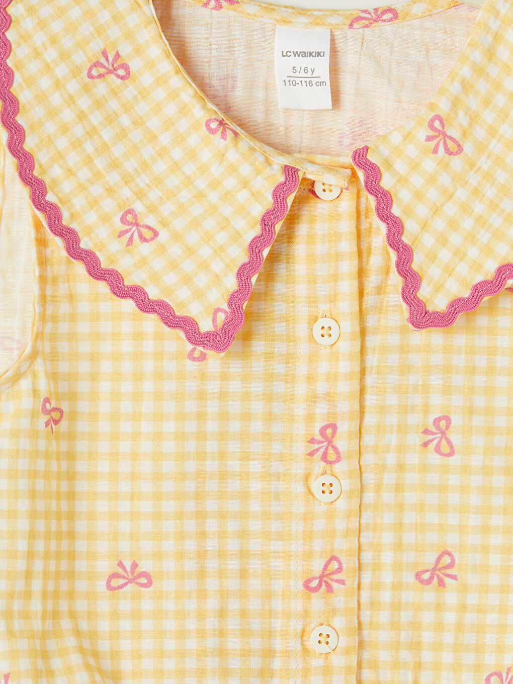 Sarı Bebe Yaka Fiyonk Baskılı Kız Çocuk Gömlek-2