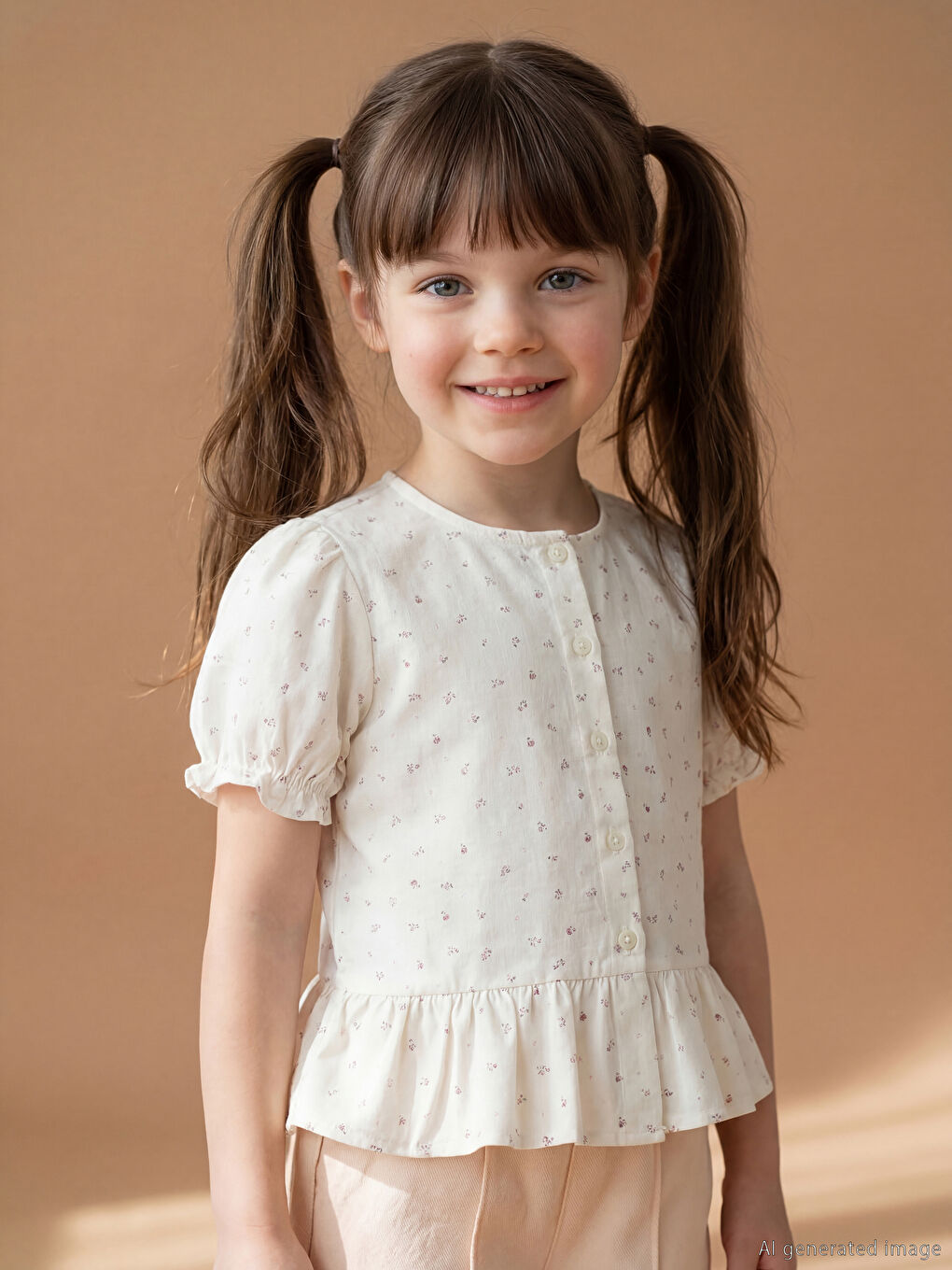 Ekru Kız Çocuk Balon Kollu Poplin Gömlek