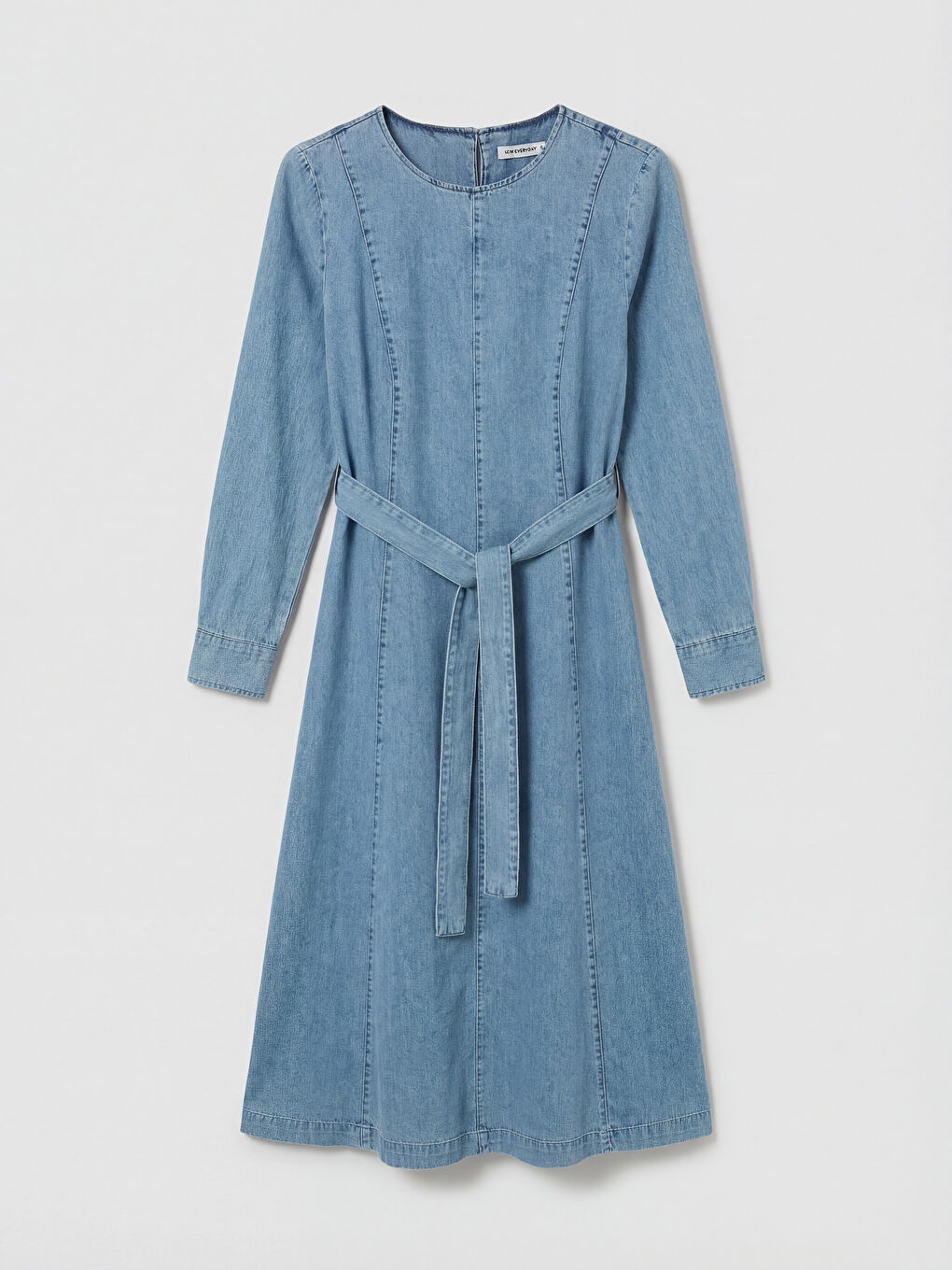 İndigo Beli Kuşaklı Jean Elbise-4