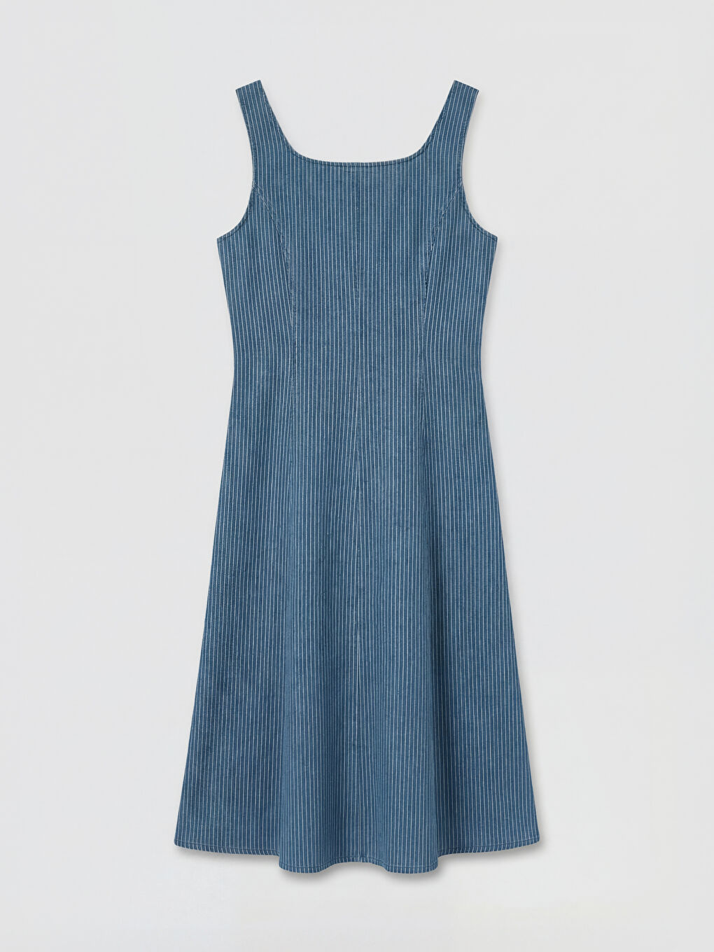 Beyaz U Yaka Çizgili Belden Oturtmalı Jean Elbise-1