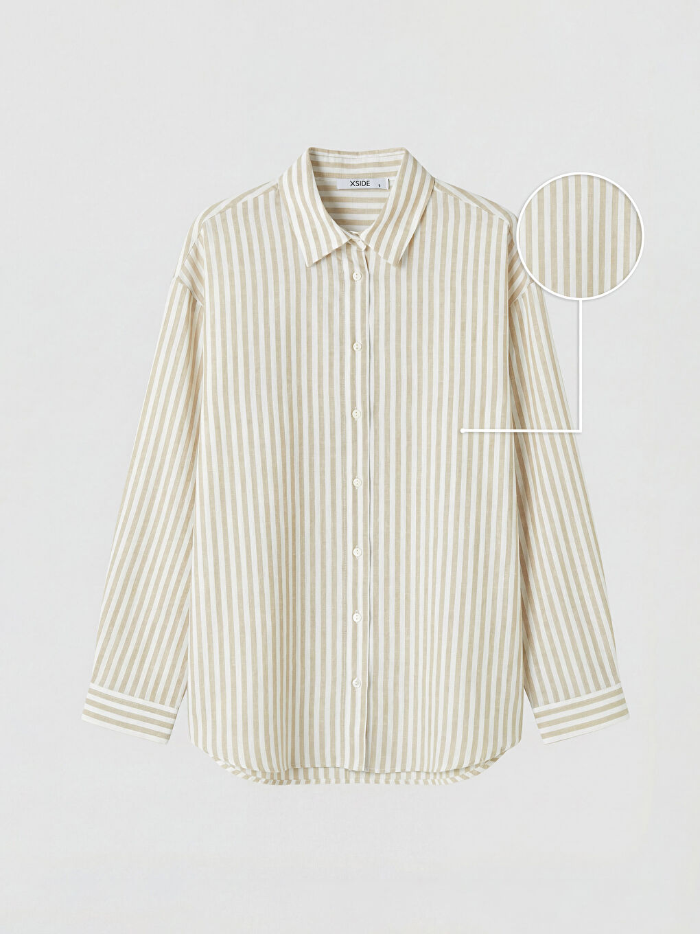 Bej Çizgili Oversize Keten Karışımlı Kadın Gömlek