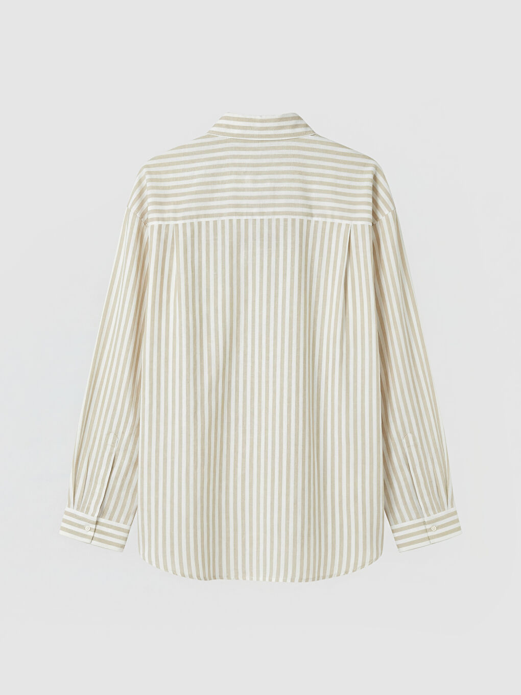 Bej Çizgili Oversize Keten Karışımlı Kadın Gömlek-1