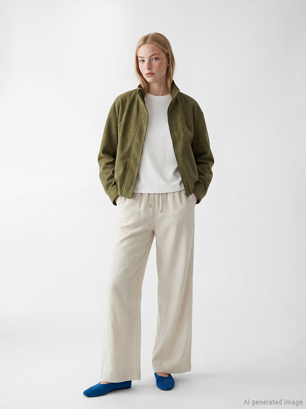 Bej Beli Lastikli Keten Karışımlı Kadın Pantolon