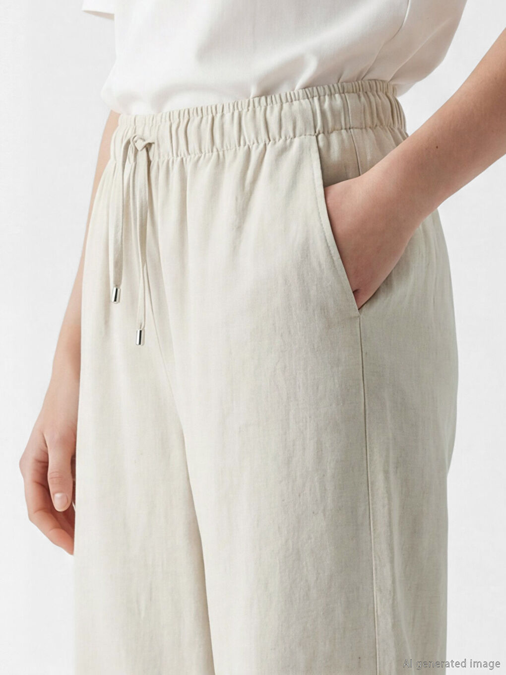 Bej Beli Lastikli Keten Karışımlı Kadın Pantolon-2