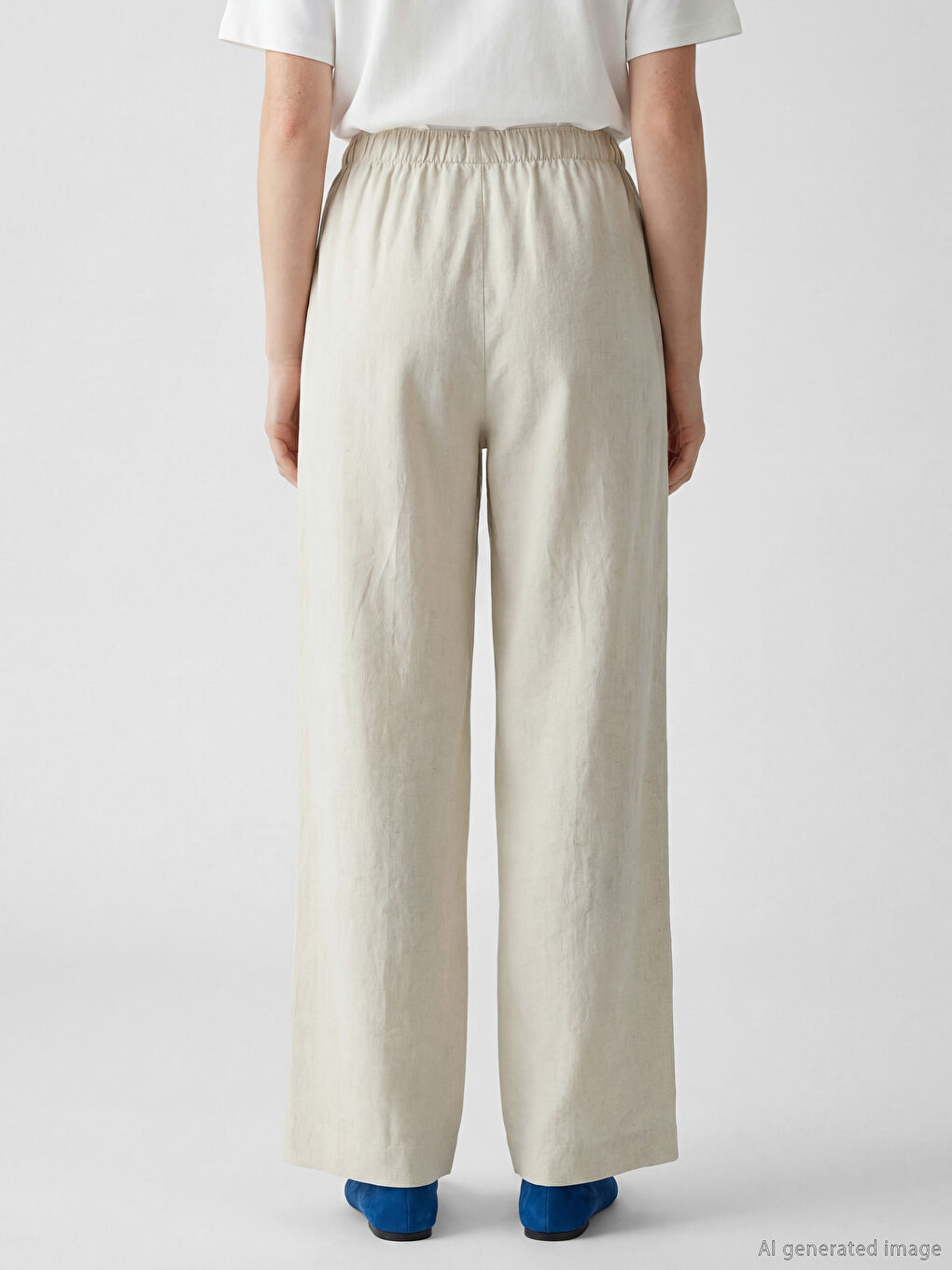 Bej Beli Lastikli Keten Karışımlı Kadın Pantolon-3