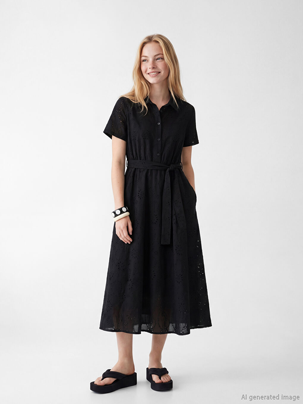 Siyah Belden Oturtmalı Gömlek Elbise